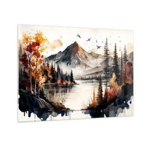 Obraz na szkle - Jesienny krajobraz górski z jeziorem i lasem - 70x50cm - Złota jesień w górach - Nowoczesna dekoracja ścienna do salonu i sypialni ARTTOR