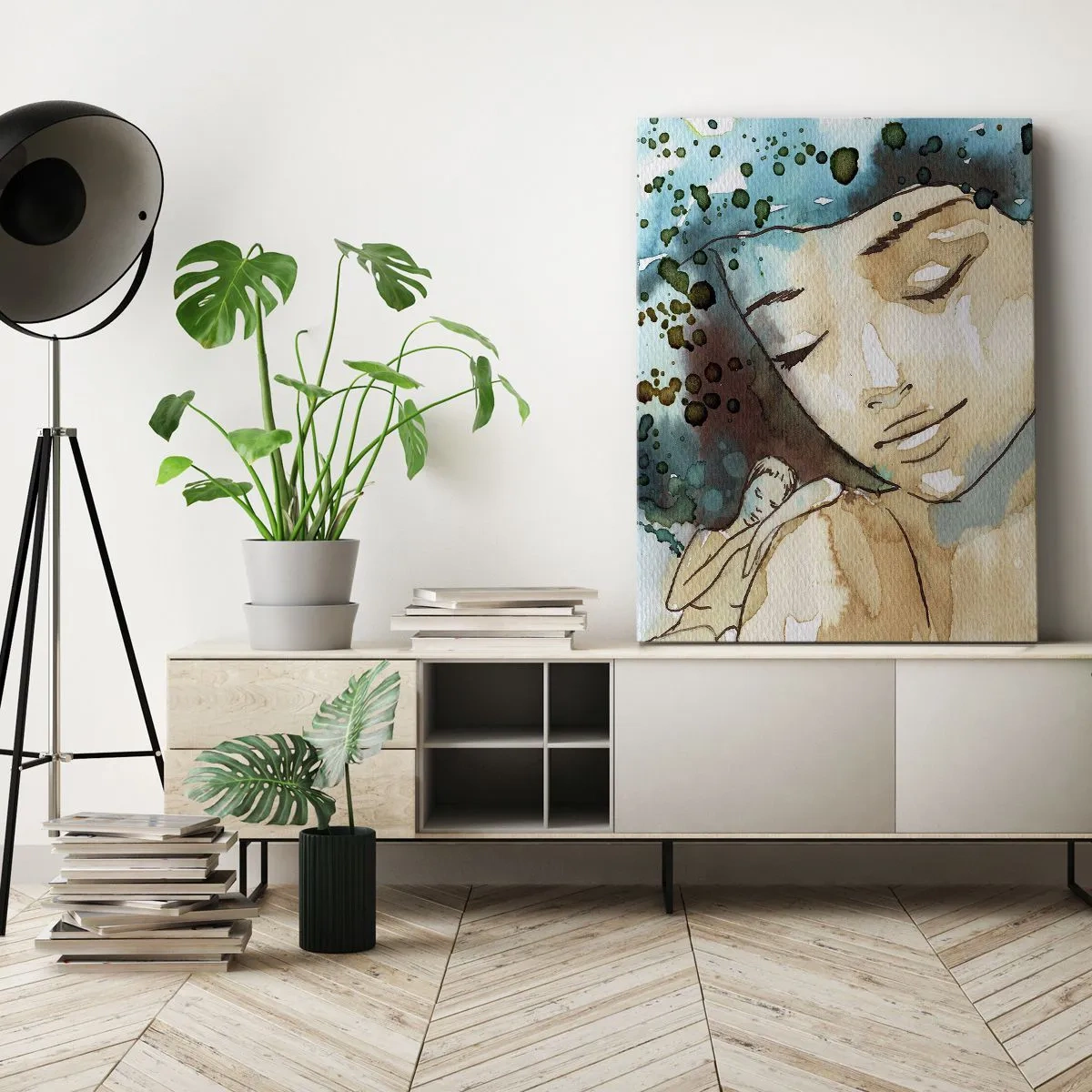 Obraz na płótnie - Lady in blue - Subtelny portret kobiety w akwarelowych odcieniach - 50x70cm