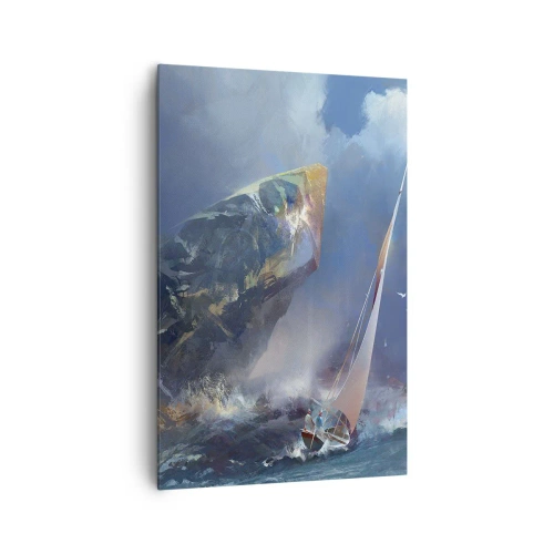 Obraz na płótnie - Żaglówka w sztormie u stóp potężnej skały - 80x120cm - Kto ma odwagę, wygrywa - Nowoczesna dekoracja ścienna do salonu i sypialni ARTTOR