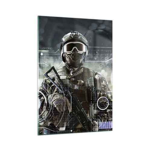Obraz na szkle - Żołnierz w taktycznym ekwipunku na tle futurystycznego interfejsu - 50x70cm - Moc do potęgi - Nowoczesna dekoracja ścienna do salonu, kuchni i sypialni ARTTOR