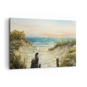 Obraz na płótnie - Wybrzeże z mewami i wydmami o zachodzie słońca - 120x80cm - Bezwietrzne zacisze - Nowoczesna dekoracja ścienna do salonu, kuchni i sypialni ARTTOR