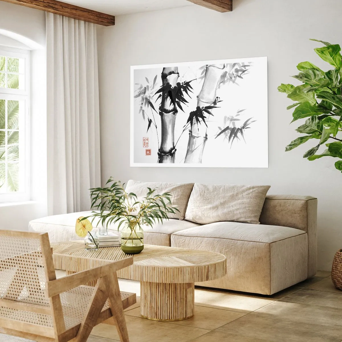 Plakat - Akwarelowy bambus w japońskim stylu na białym tle - 100x70cm - Zbliżenie na orient - Nowoczesna dekoracja ścienna do salonu i sypialni ARTTOR