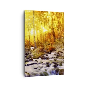 Obraz na płótnie - Jesienny las z potokiem wśród złotych liści - 80x120cm - Kamienie oprawne w złoto i platynę - Nowoczesna dekoracja ścienna do salonu i sypialni ARTTOR