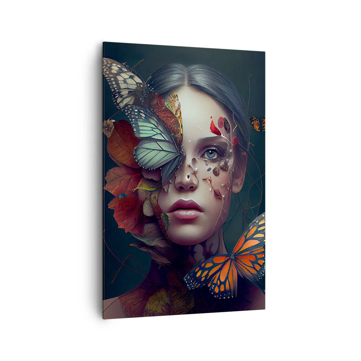 Obraz na płótnie - Portret kobiety z motylami i elementami roślinnymi - 80x120cm - Cudowna metamorfoza - Nowoczesna dekoracja ścienna do salonu i sypialni ARTTOR
