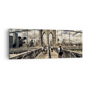 Obraz na płótnie - Brookliński most z widokiem na pieszych i rowerzystów - 140x50cm - Wprost do serca miasta - Nowoczesna dekoracja ścienna do salonu i sypialni ARTTOR