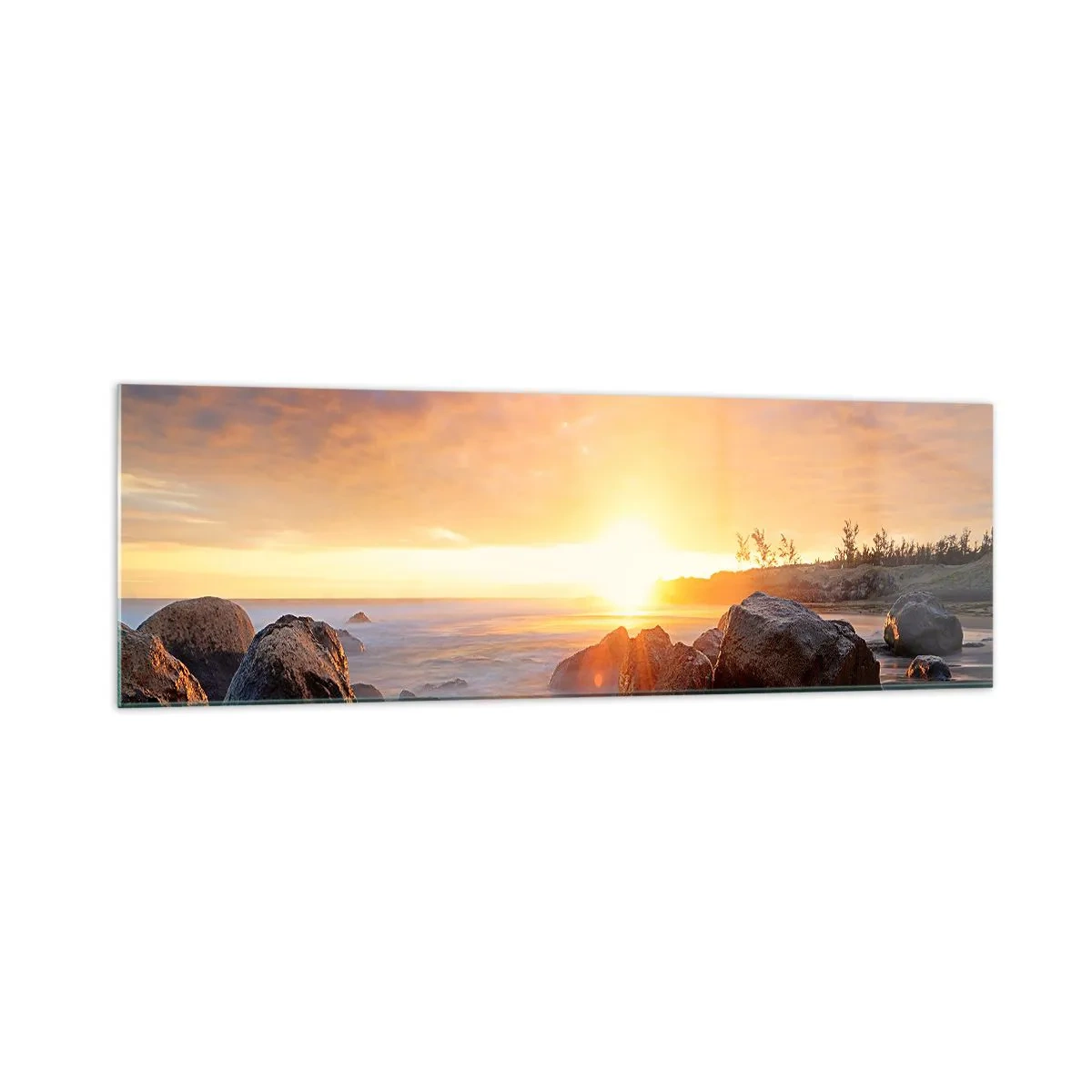 Obraz na szkle - Zachód słońca nad kamienistym wybrzeżem - 160x50cm - Świetlista bryza wieczoru - Nowoczesna dekoracja ścienna do salonu i sypialni ARTTOR
