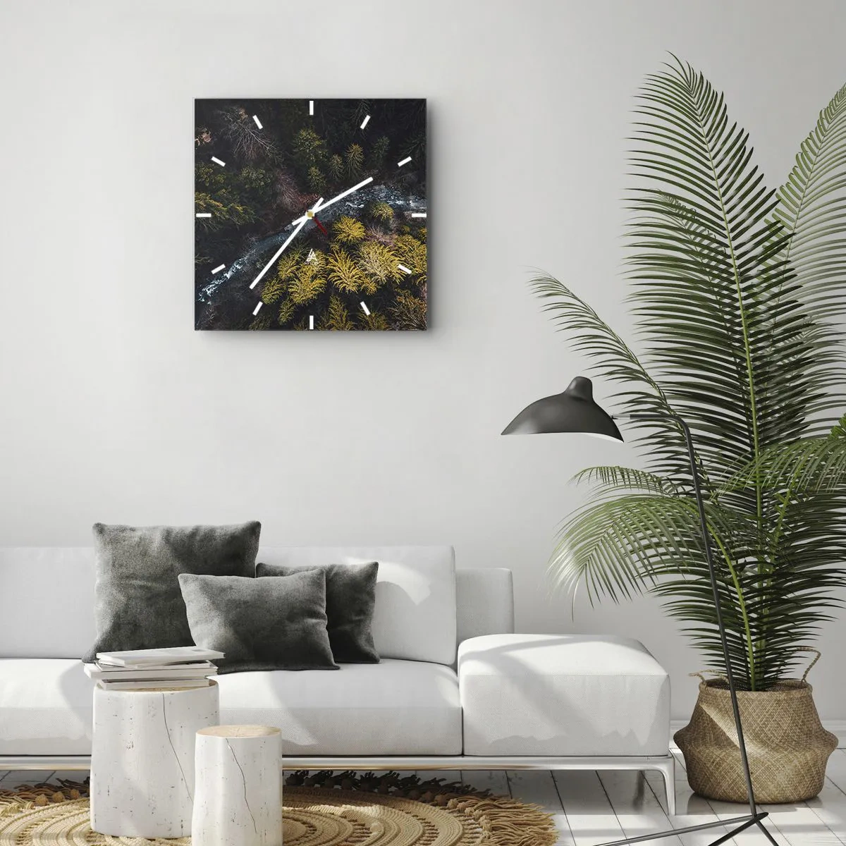 Zegar ścienny - Widok z góry na las z wijącą się rzeką - 30x30cm - Szybko, coraz szybciej - Nowoczesna dekoracja ścienna do salonu i sypialni ARTTOR
