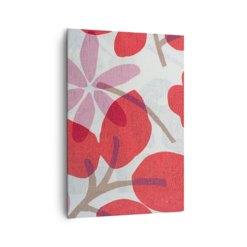 Obraz na płótnie - Kwiaty i liście w odcieniach czerwieni i różu - 70x100cm - Kompozycja kwiatowa w różu - Nowoczesna dekoracja ścienna do salonu i sypialni ARTTOR
