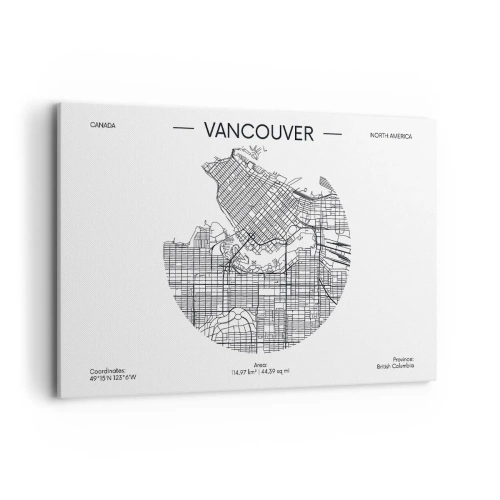 Obraz na płótnie - Mapa Vancouver w minimalistycznym, czarno-białym stylu - 120x80cm - Anatomia Vancouver - Nowoczesna dekoracja ścienna do salonu, kuchni i sypialni ARTTOR