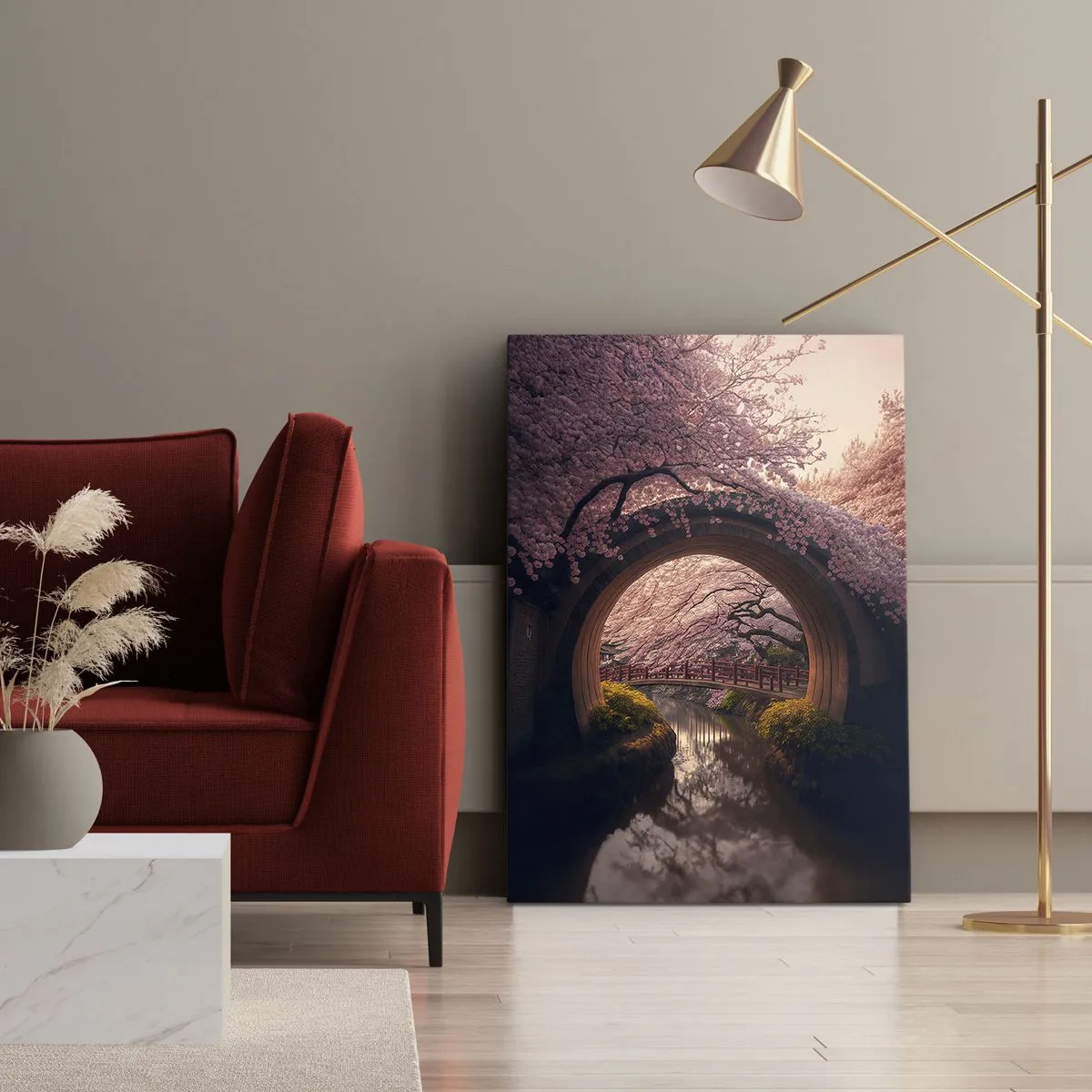 Obraz na płótnie - Tradycyjny japoński most otoczony kwitnącymi wiśniami - 70x100cm - Japońska wiosna - Nowoczesna dekoracja ścienna do salonu i sypialni ARTTOR