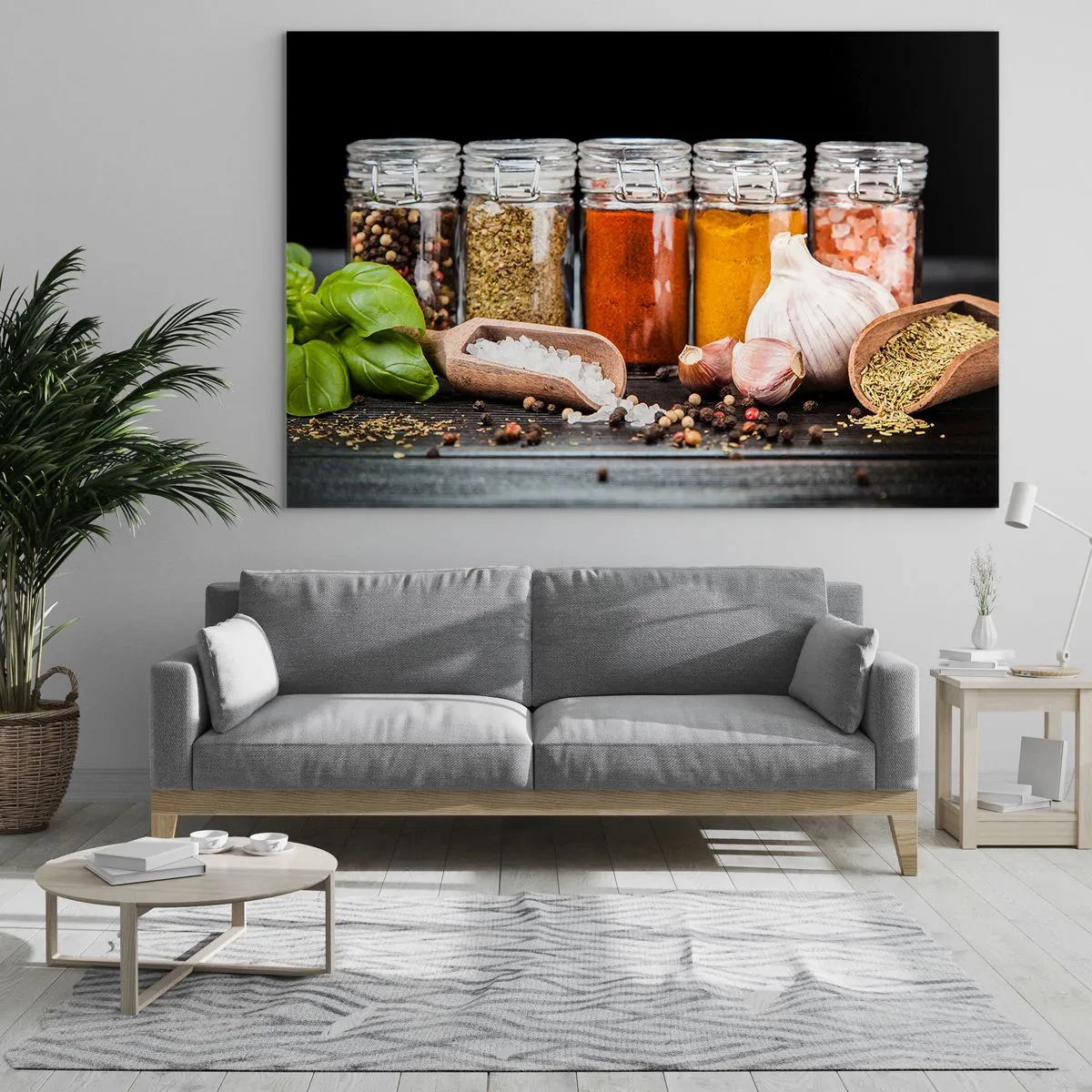 Obraz na szkle - Kolorowe przyprawy w słoikach na ciemnym tle - 70x50cm - Żeby życie miało smak - Nowoczesna dekoracja ścienna do salonu i sypialni ARTTOR