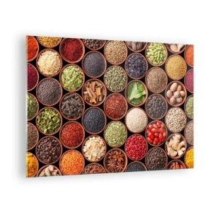 Obraz na szkle - Kompozycja różnorodnych przypraw w drewnianych miseczkach - 70x50cm - Wszystkie smaki świata - Nowoczesna dekoracja ścienna do salonu i sypialni ARTTOR