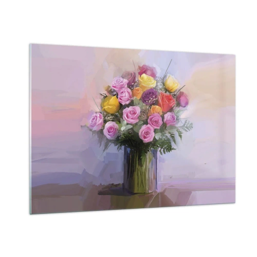 Obraz na szkle - Bukiet róż w szklanym wazonie na pastelowym tle - 100x70cm - Zatrzymane piękno - Nowoczesna dekoracja ścienna do salonu, kuchni i sypialni ARTTOR