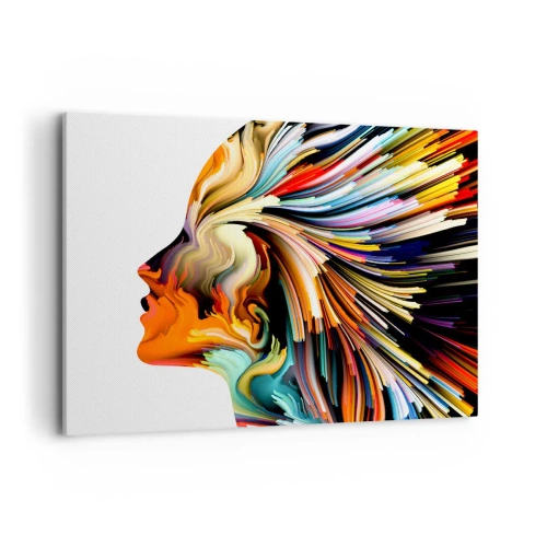 Obraz na płótnie - Abstrakcyjny profil twarzy z kolorowymi dynamicznymi liniami - 120x80cm - Eksplozja wyobraźni - Nowoczesna dekoracja ścienna do salonu, kuchni i sypialni ARTTOR