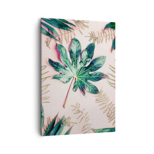 Obraz na płótnie - Liście tropikalne w odcieniach zieleni i różu na pastelowym tle - 50x70cm - Studium zieleni na różowym tle - Nowoczesna dekoracja ścienna do salonu, kuchni i sypialni ARTTOR