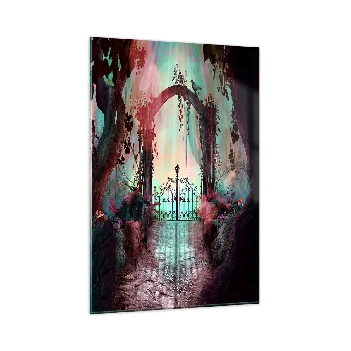 Obraz na szkle - Magiczne wejście z kutą bramą w otoczeniu tajemniczej roślinności - 80x120cm - Tajemniczy ogród - Nowoczesna dekoracja ścienna do salonu i sypialni ARTTOR