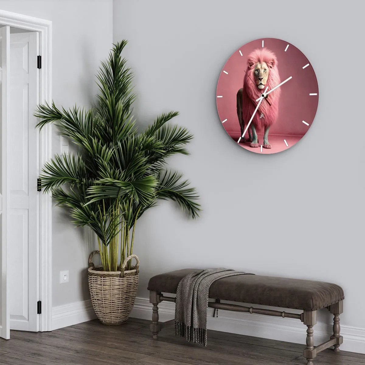 Zegar ścienny - Lew z intensywnie różową grzywą na tle w tym samym kolorze - 30x30cm - I już się nie boisz - Nowoczesna dekoracja ścienna do salonu, kuchni i sypialni ARTTOR