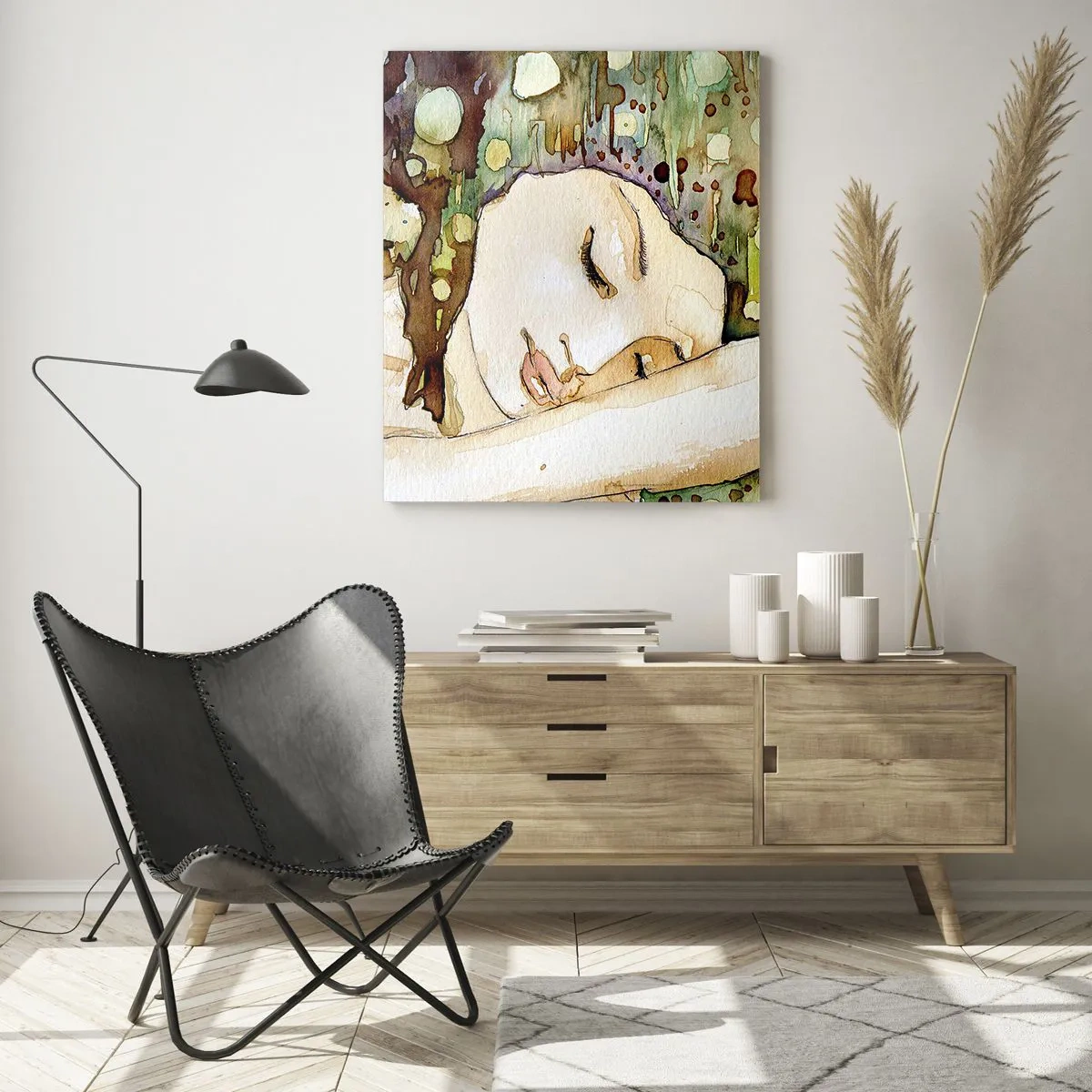 Obraz na szkle - Kobieta śniąca w otoczeniu abstrakcyjnych kształtów i barw - 80x120cm - Szmaragdowo-fiołkowy sen - Nowoczesna dekoracja ścienna do salonu i sypialni ARTTOR