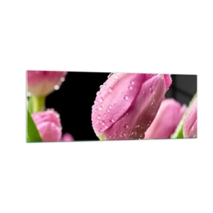 Obraz na szkle - Różowy tulipan z kroplami wody na czarnym tle - 140x50cm - Liliowy sen w rosie - Nowoczesna dekoracja ścienna do salonu i sypialni ARTTOR