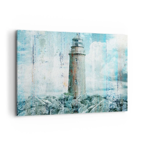 Obraz na płótnie - Latarnia morska na skalistym wybrzeżu w pastelowych barwach - 100x70cm - Na starym drewnie - Nowoczesna dekoracja ścienna do salonu, kuchni i sypialni ARTTOR