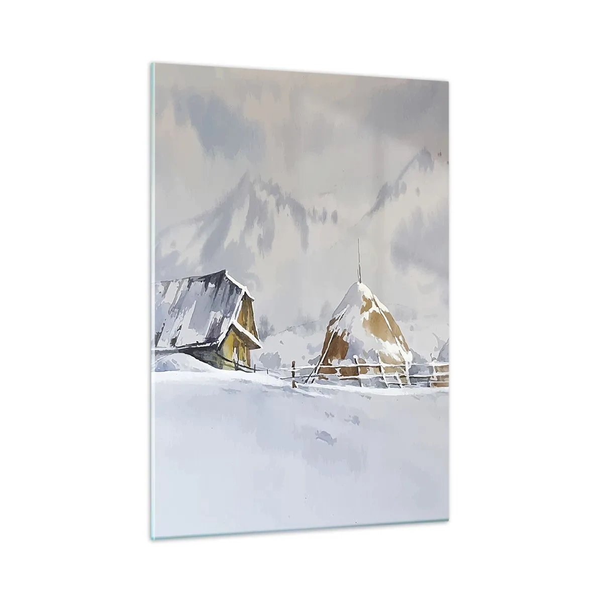 Obraz na szkle - Zimowy krajobraz z chatą i stogami siana w górach - 50x70cm - W śnieżnej kotlinie - Nowoczesna dekoracja ścienna do salonu, kuchni i sypialni ARTTOR