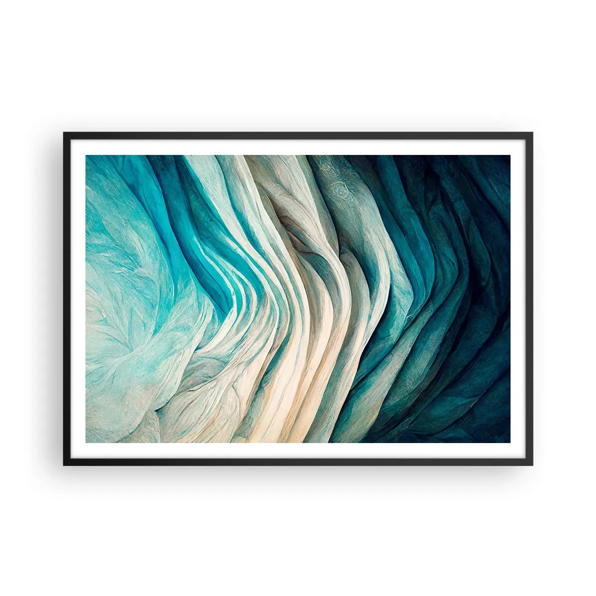 Plakat w czarnej ramie - Dynamiczne fale w odcieniach błękitu i bieli - 100x70cm - Błękitne nienasycenie - Nowoczesna dekoracja ścienna do salonu i sypialni ARTTOR