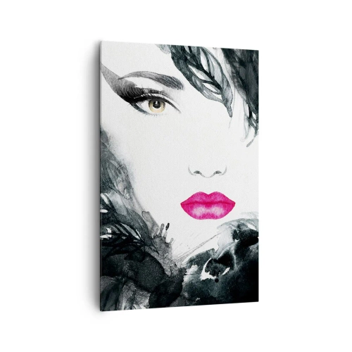 Obraz na płótnie - Artystyczny portret kobiety z intensywnie różowymi ustami - 80x120cm - Uwaga! Femme fatale - Nowoczesna dekoracja ścienna do salonu i sypialni ARTTOR