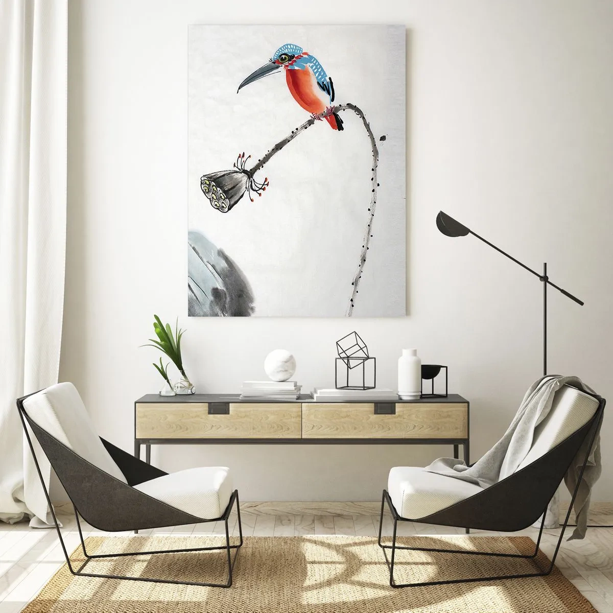 Obraz na szkle - Ilustracja z kolorowym ptakiem i ważką na tle roślinności - 50x70cm - Życie łąki - Nowoczesna dekoracja ścienna do salonu, kuchni i sypialni ARTTOR