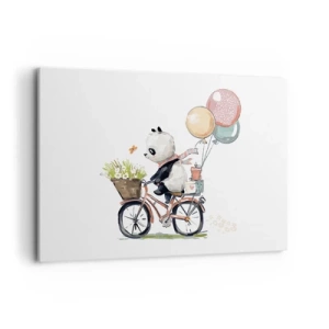 Obraz na płótnie - Panda na rowerze z balonami i kwiatami - 120x80cm - Szczęśliwy dzień - Nowoczesna dekoracja ścienna do salonu, kuchni i sypialni ARTTOR