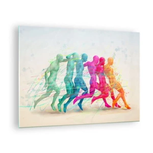 Obraz na szkle - Kolorowa abstrakcja przedstawiająca ruch postaci w biegu - 70x50cm - Harmonia ruchu - Nowoczesna dekoracja ścienna do salonu i sypialni ARTTOR