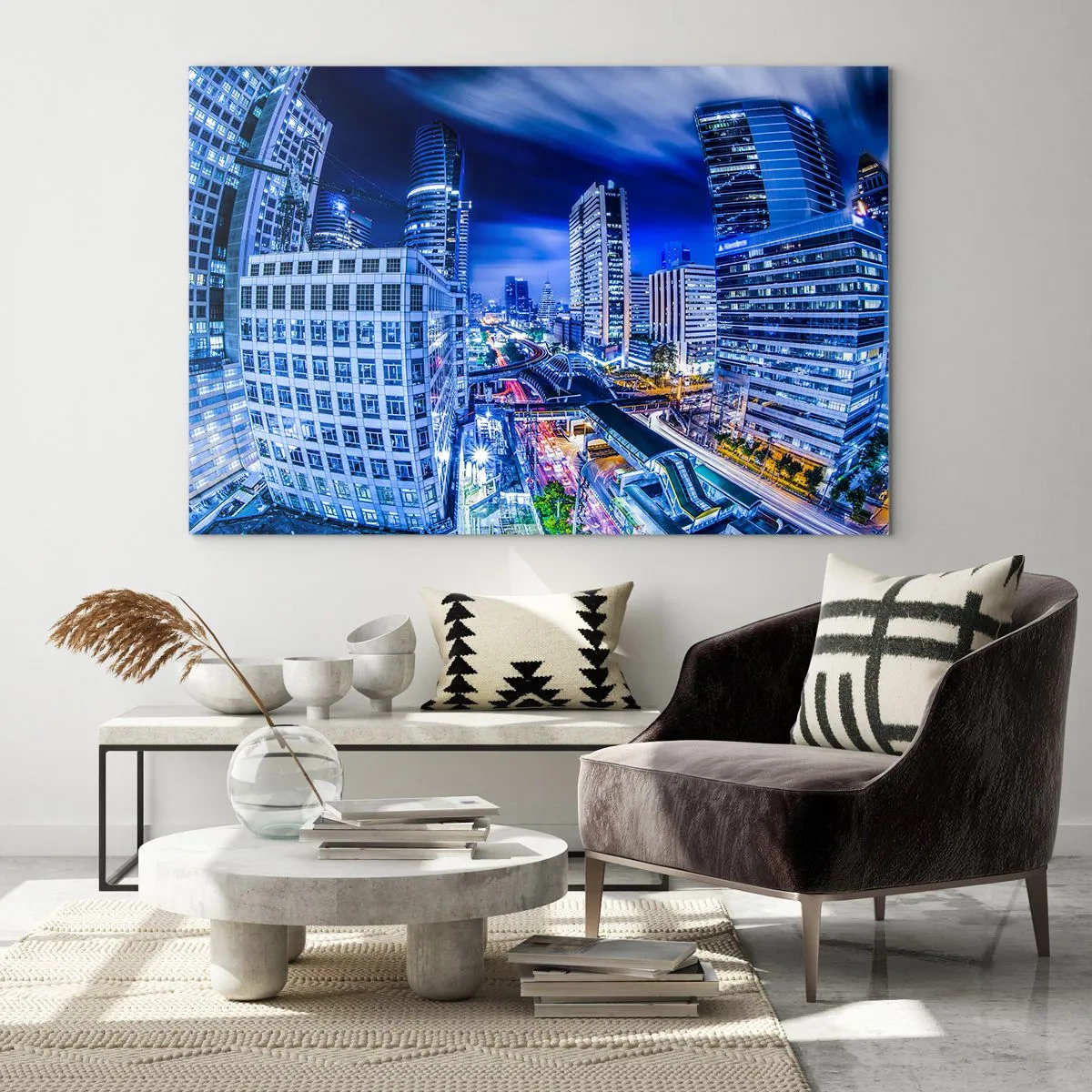 Obraz na szkle - Panorama nowoczesnego miasta nocą z jasnymi światłami - 120x80cm - Rytmy nocnego miasta - Nowoczesna dekoracja ścienna do salonu, kuchni i sypialni ARTTOR