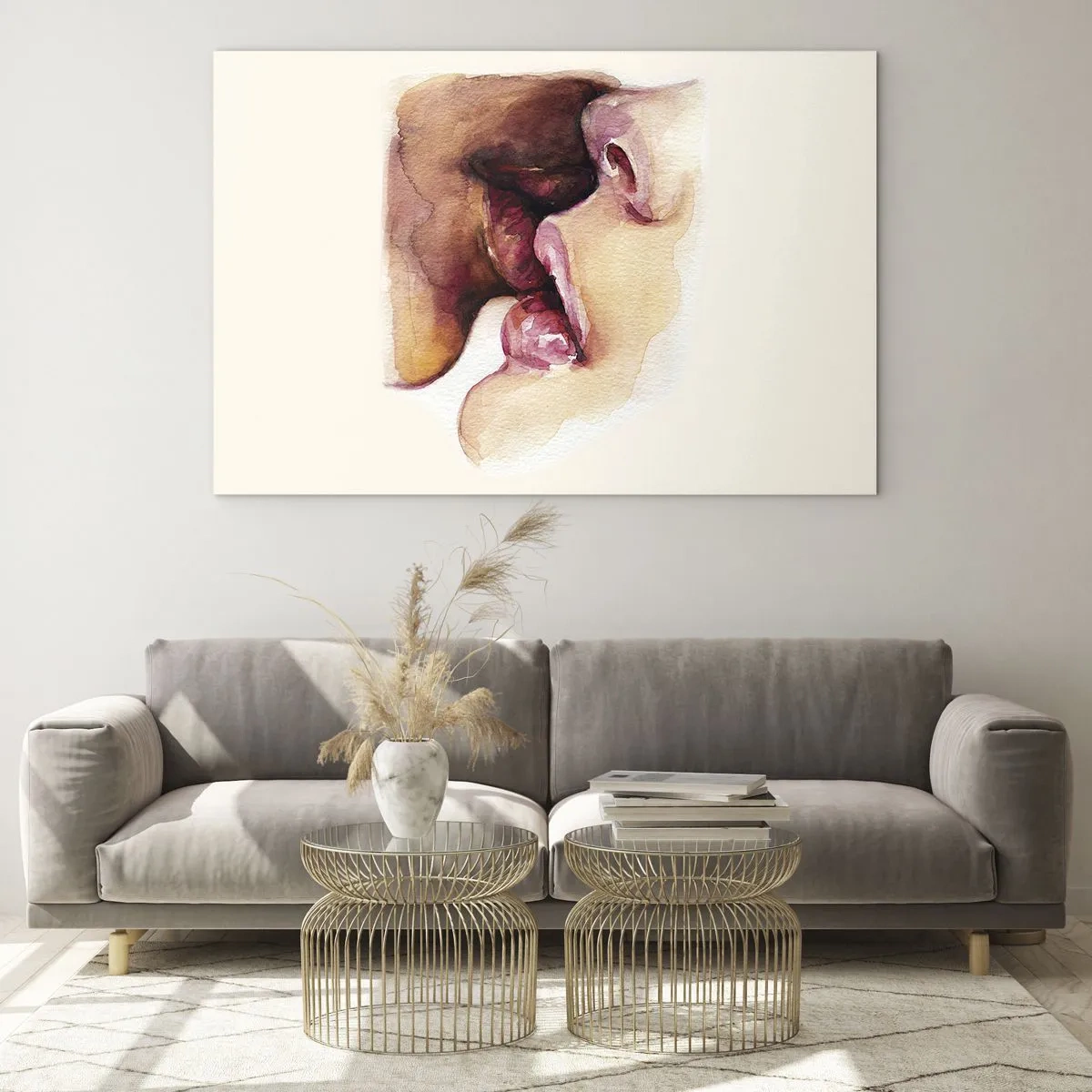 Obraz na szkle - Artystyczny akwarelowy pocałunek dwóch twarzy na jasnym tle - 70x50cm - Jak noc i dzień, ziemia i niebo - Nowoczesna dekoracja ścienna do salonu i sypialni ARTTOR