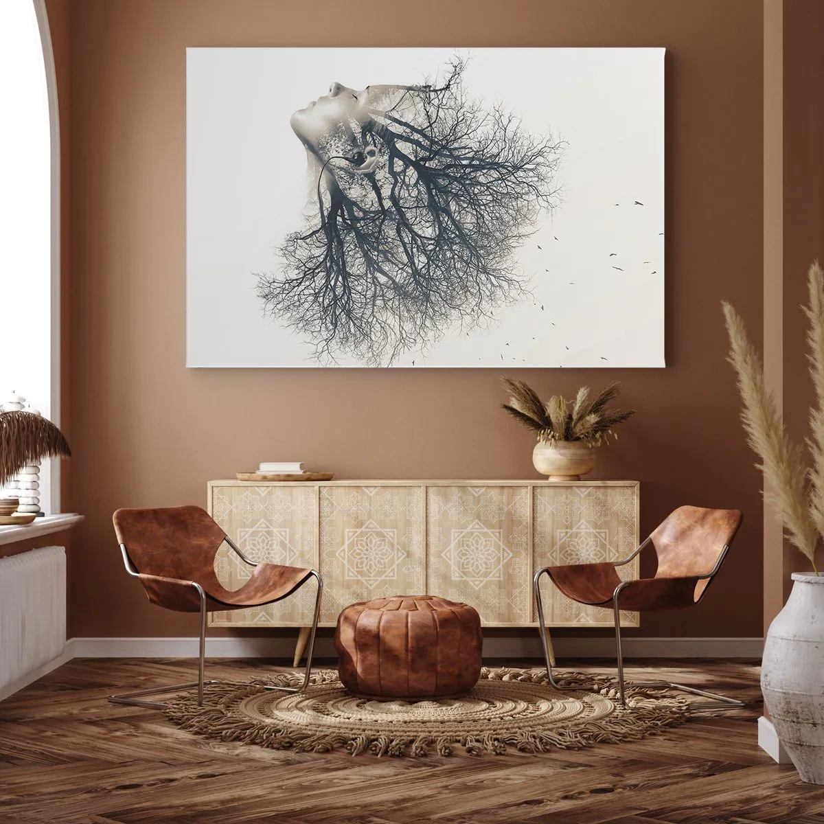 Obraz na płótnie - Twórcza sylwetka kobiety i drzew - 70x50cm - Zasłuchana w szept drzewa - Nowoczesna dekoracja ścienna do salonu i sypialni ARTTOR