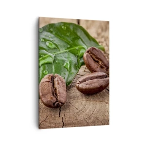 Obraz na płótnie - Ziarna kawy na tle zielonego liścia - 50x70cm - Najprawdziwsza i czarna - Nowoczesna dekoracja ścienna do salonu, kuchni i sypialni ARTTOR