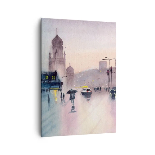Obraz na płótnie - Miejski krajobraz w deszczu w stylu akwareli - 50x70cm - W deszczowej mgiełce - Nowoczesna dekoracja ścienna do salonu, kuchni i sypialni ARTTOR