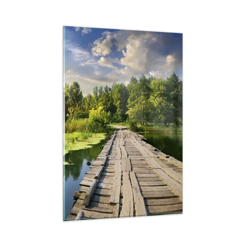 Obraz na szkle - Malowniczy krajobraz z mostkiem i łabędziem - 80x120cm - Lato, lato wszędzie - Nowoczesna dekoracja ścienna do salonu i sypialni ARTTOR