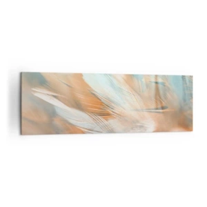 Obraz na płótnie - Delikatne pióra w pastelowych odcieniach błękitu i pomarańczu - 160x50cm - W krainie łagodności - Nowoczesna dekoracja ścienna do salonu i sypialni ARTTOR
