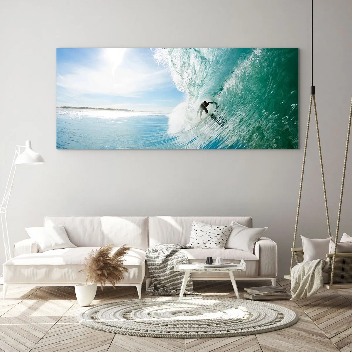 Obraz na szkle - Surfer na fali w świetle słońca na tle błękitnego nieba - 140x50cm - Zawsze na fali - Nowoczesna dekoracja ścienna do salonu i sypialni ARTTOR
