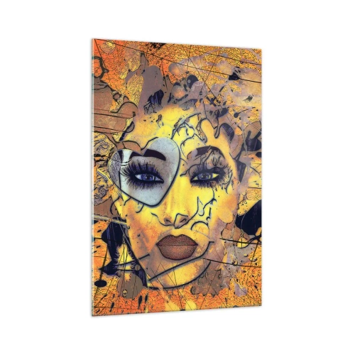 Obraz na szkle - Abstrakcyjny portret kobiety w złoto-żółtych tonacjach - 70x100cm - Słoneczna piękność - Nowoczesna dekoracja ścienna do salonu i sypialni ARTTOR