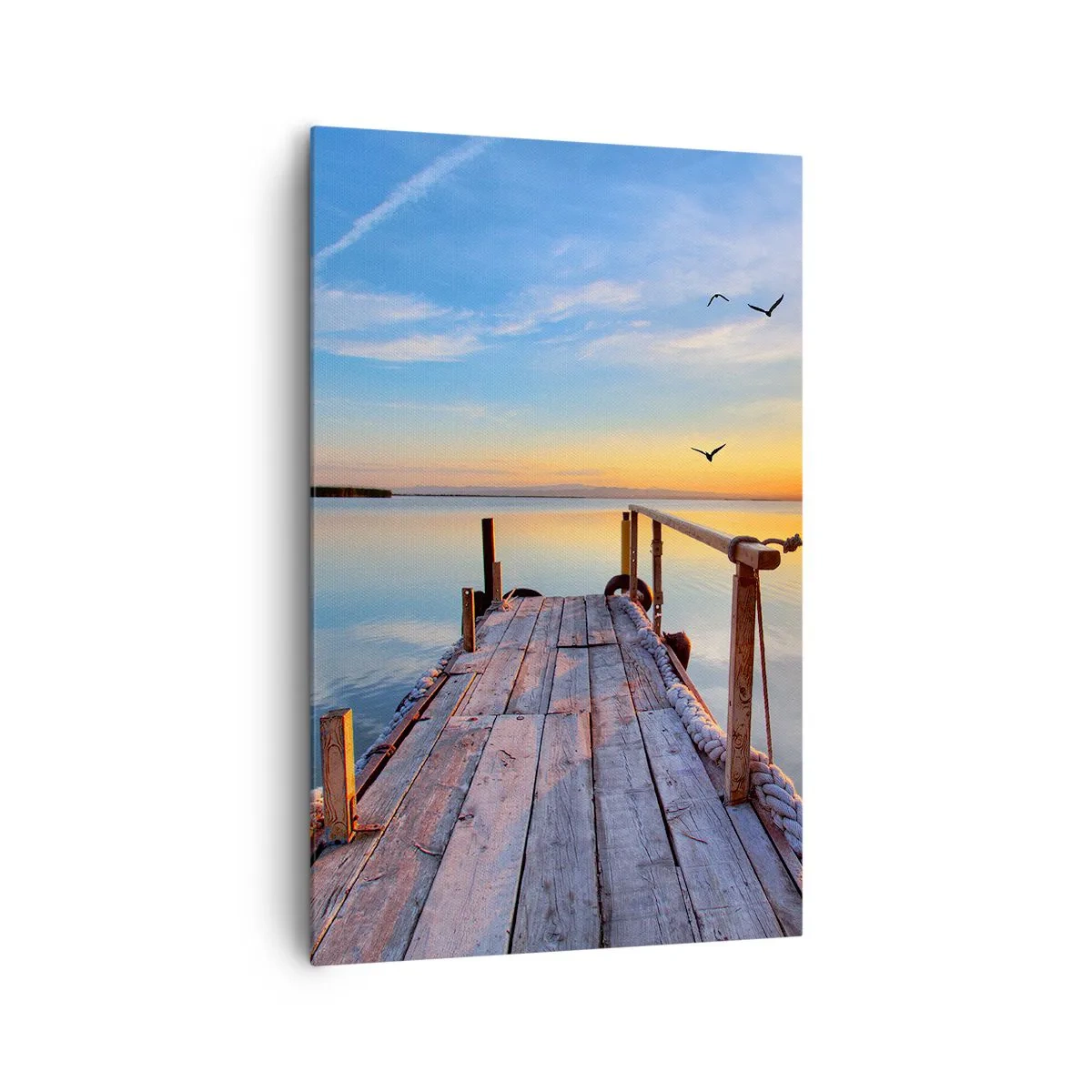 Obraz na płótnie - Drewniane molo o zachodzie słońca na spokojnym jeziorze - 80x120cm - Iść przed siebie ku słońcu - Nowoczesna dekoracja ścienna do salonu i sypialni ARTTOR