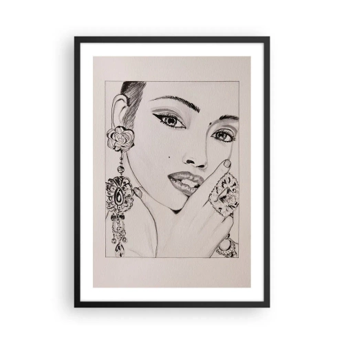 Plakat w czarnej ramie - Szkic kobiety z biżuterią w stylu glamour - 50x70cm - Najpiękniejszy klejnot - Nowoczesna dekoracja ścienna do salonu i sypialni ARTTOR