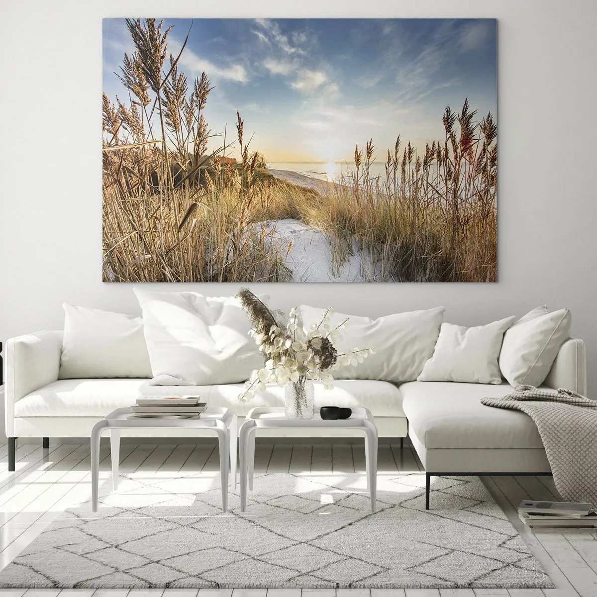 Obraz na szkle - Zachód słońca nad plażą z wydmami porośniętymi trawami - 70x50cm - Północna plaża - Nowoczesna dekoracja ścienna do salonu i sypialni ARTTOR