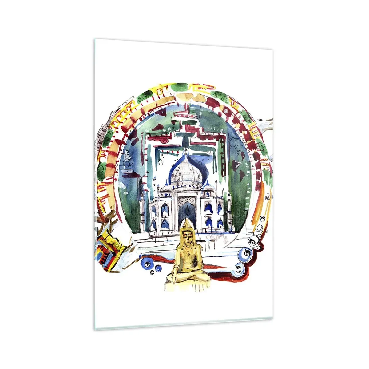 Obraz na szkle - Kolorowa ilustracja z motywem architektury Indii - 80x120cm - Hinduska równowaga świata - Nowoczesna dekoracja ścienna do salonu i sypialni ARTTOR