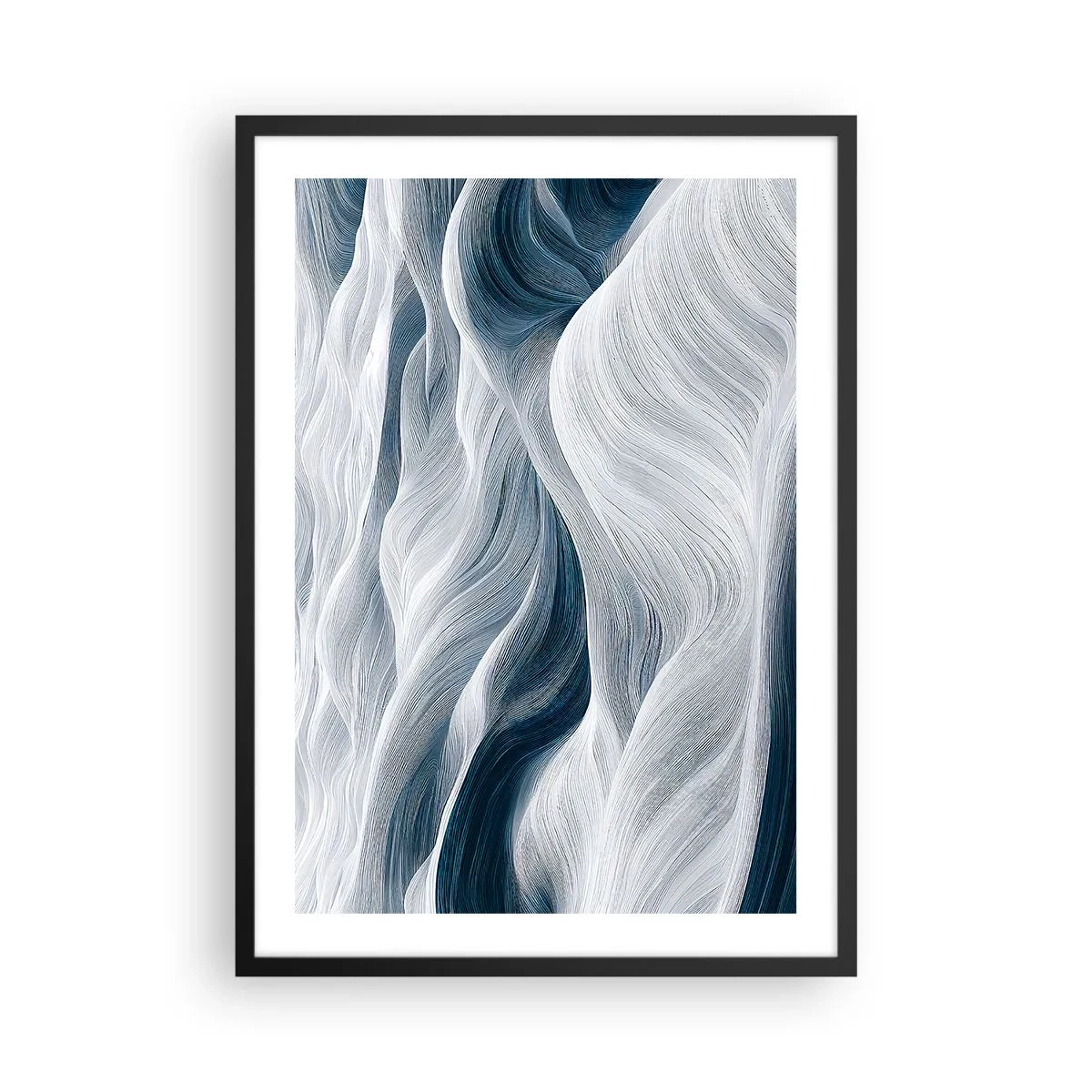 Plakat w czarnej ramie - Abstrakcyjne fale w odcieniach bieli i granatu - 50x70cm - Biało-błękitne fale - Nowoczesna dekoracja ścienna do salonu i sypialni ARTTOR