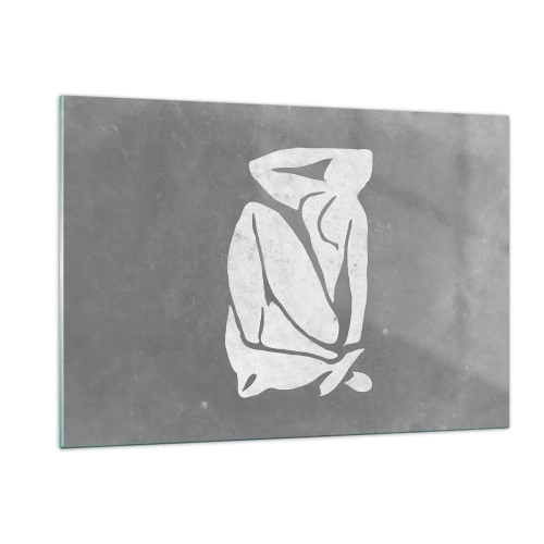 Obraz na szkle - Minimalistyczna sylwetka kobiety na szarym tle - 120x80cm - W zamyśleniu - Nowoczesna dekoracja ścienna do salonu, kuchni i sypialni ARTTOR