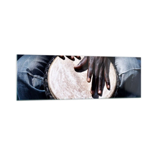 Obraz na szkle - Ręce grające na bębnie djembe w dynamicznej kompozycji - 160x50cm - Żyj w swoim rytmie - Nowoczesna dekoracja ścienna do salonu i sypialni ARTTOR