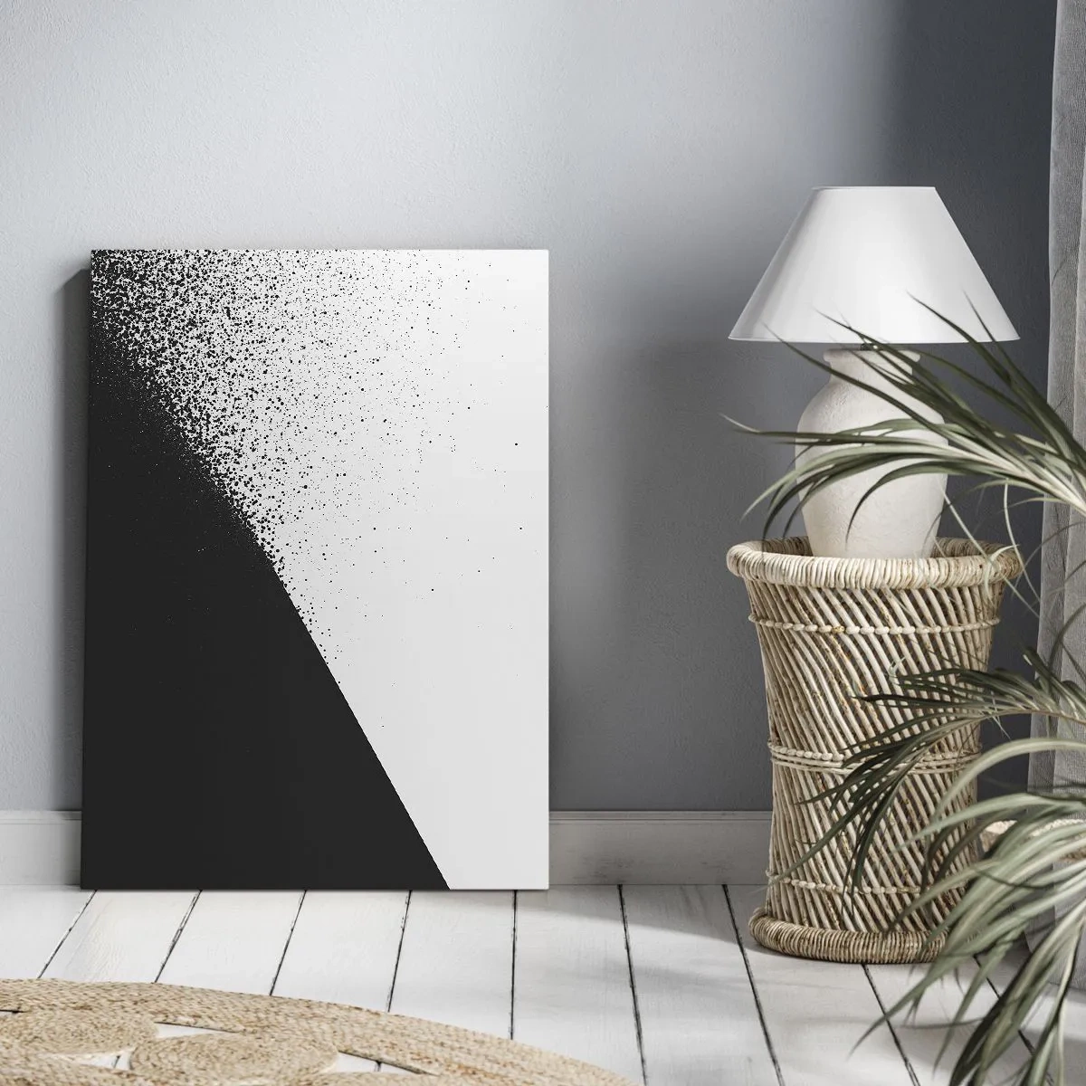 Obraz na płótnie - Minimalistyczna abstrakcja w czerni i bieli z rozproszonymi kropkami - 70x100cm - Coraz szybciej, coraz więcej - Nowoczesna dekoracja ścienna do salonu i sypialni ARTTOR