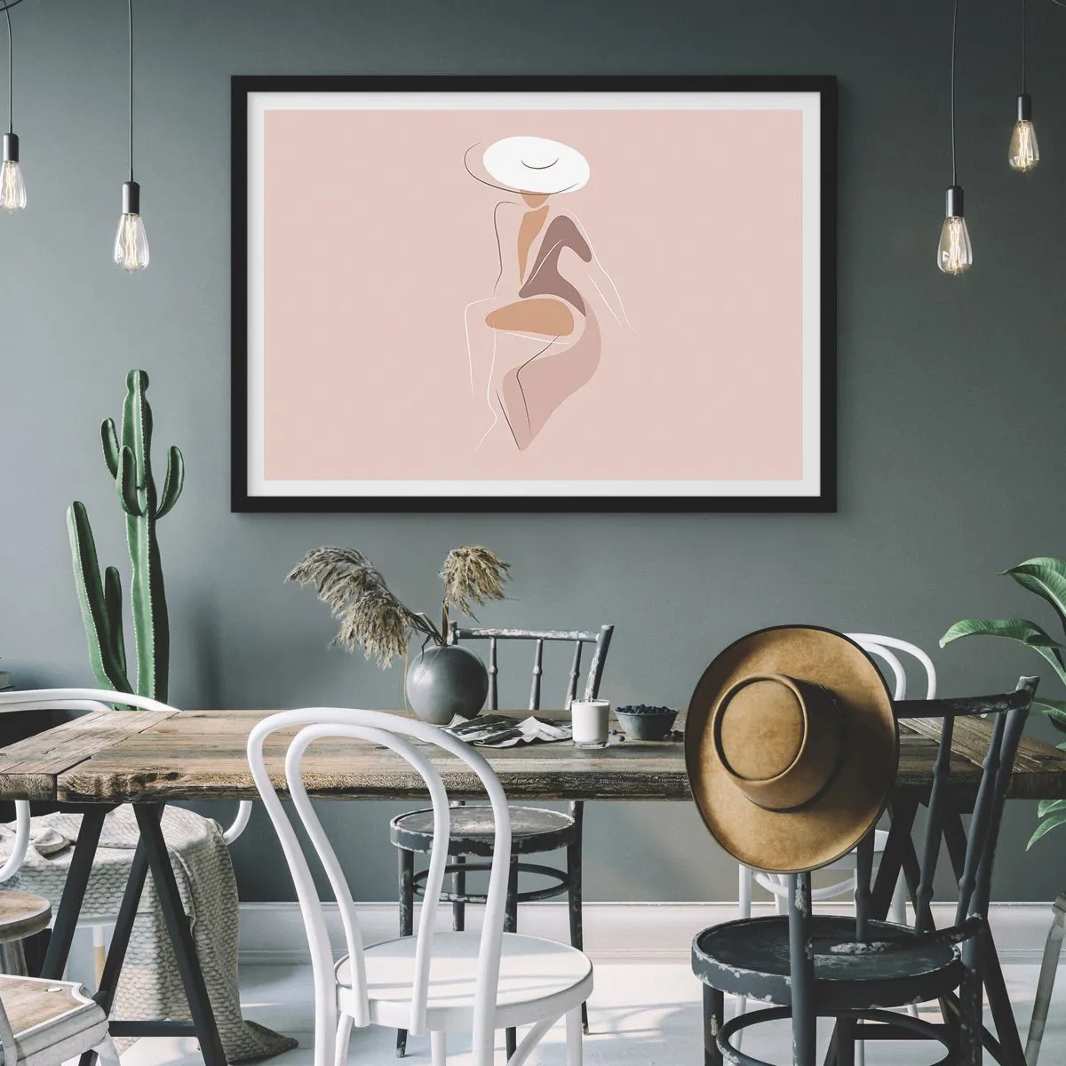 Plakat w czarnej ramie - Minimalistyczna sylwetka kobiety w kapeluszu - 70x50cm - Damą być - Nowoczesna dekoracja ścienna do salonu i sypialni ARTTOR