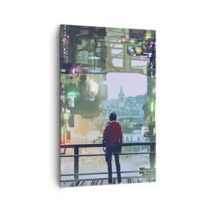 Obraz na płótnie - Postać w futurystycznym mieście z neonowymi światłami - 80x120cm - Dwa światy - Nowoczesna dekoracja ścienna do salonu i sypialni ARTTOR