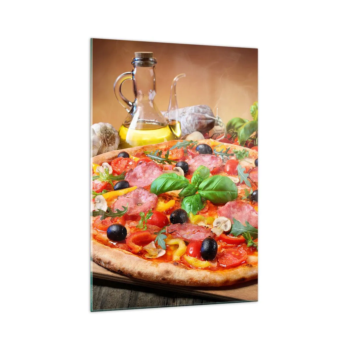 Obraz na szkle - Apetyczna pizza na drewnianym stole z dodatkami - 70x100cm - Z prawdziwie włoskim smakiem - Nowoczesna dekoracja ścienna do salonu i sypialni ARTTOR